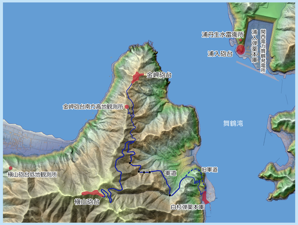 槇山砲台周辺地形図とルート