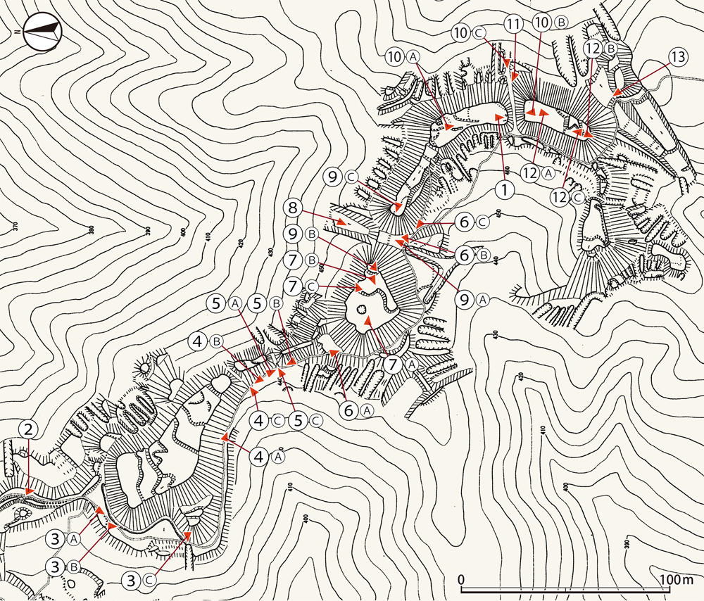 一乗谷城尾根上曲輪群南区撮影位置図