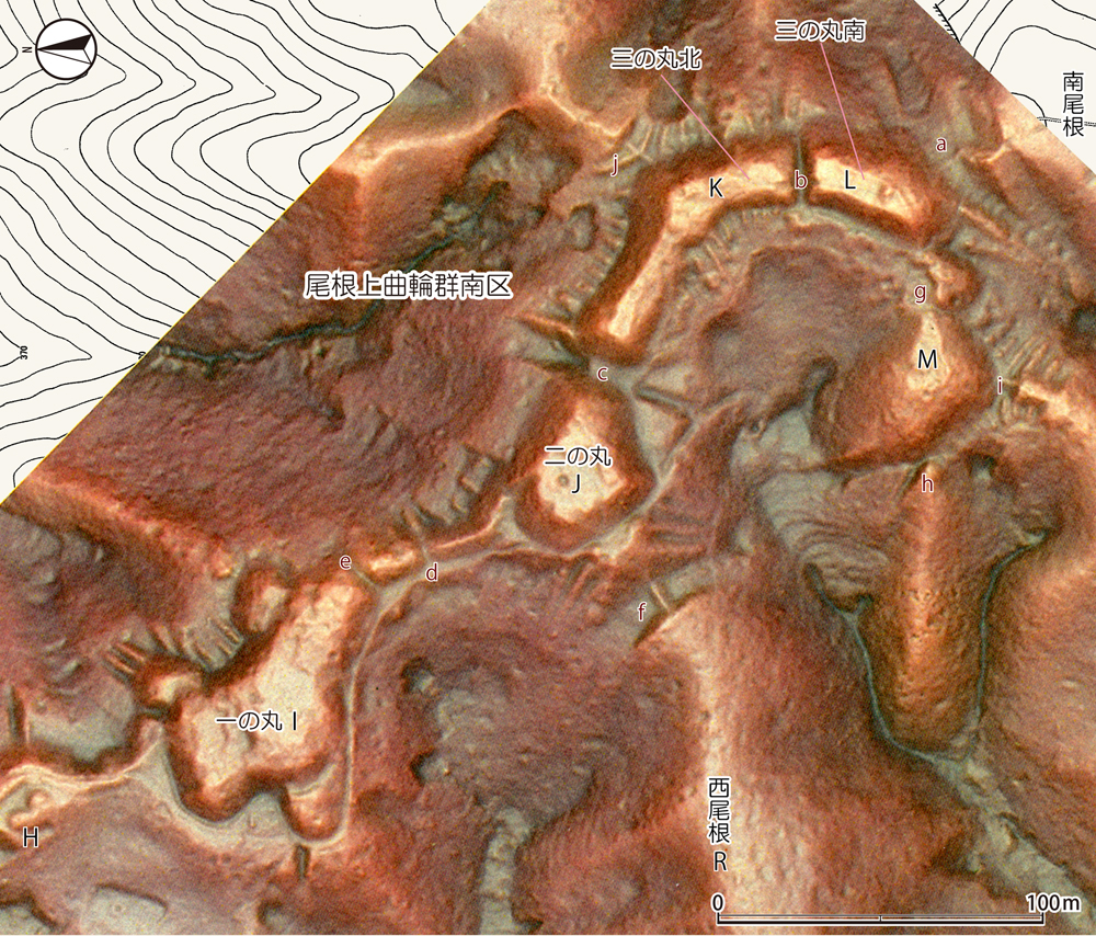 一乗谷城尾根上曲輪群南区赤色立体図