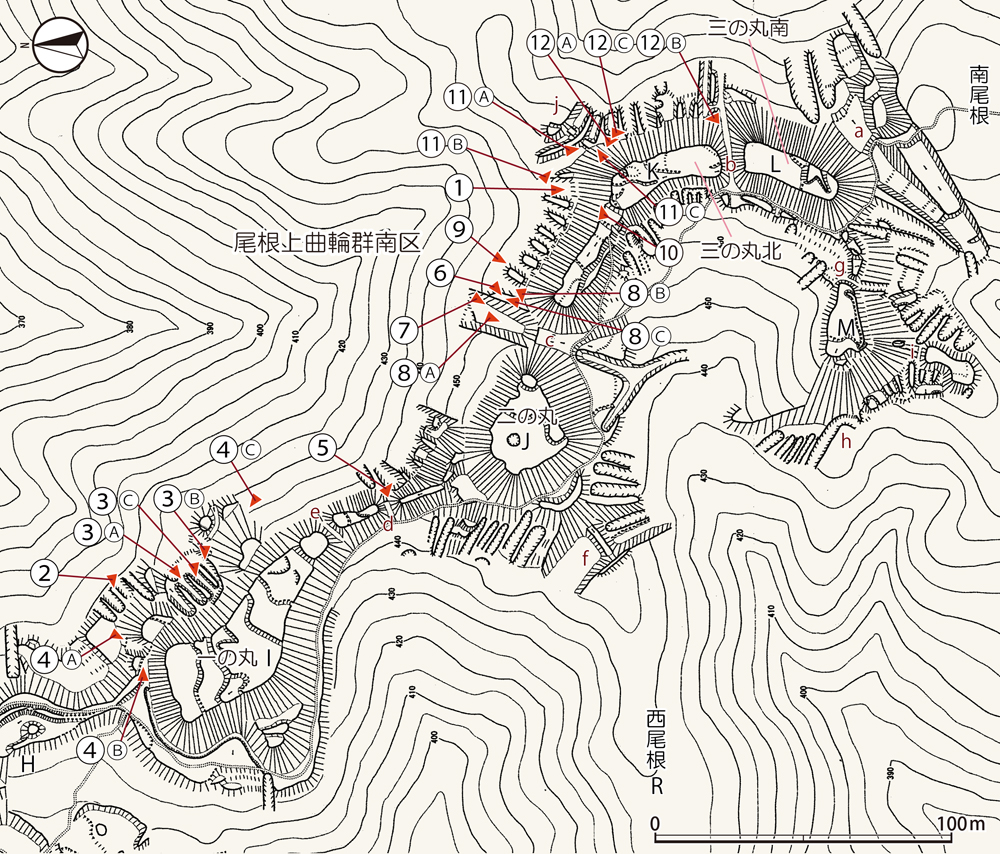 一乗谷城尾根上曲輪群南区撮影位置図