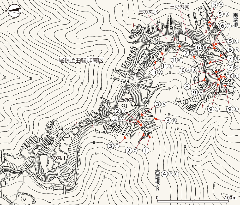 一乗谷城尾根上曲輪群南区撮影位置図