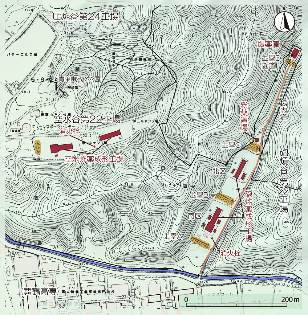 第三海軍火薬廠朝来工場 砲熕谷・空水谷周辺施設配置図